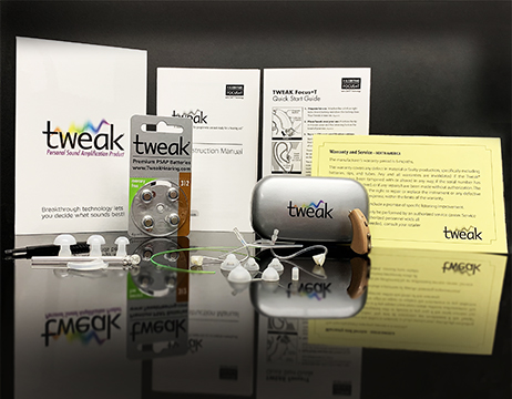 Hearing sound amplifier, the Tweak Focus+T, showing all options and packaging